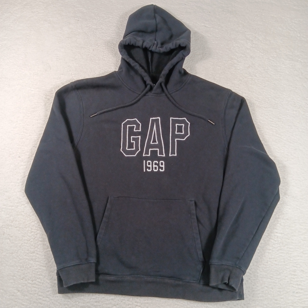 Gap Hoodie Mens Medium Black Fleece Pullover Spellout 1969 Y2K Embroidered